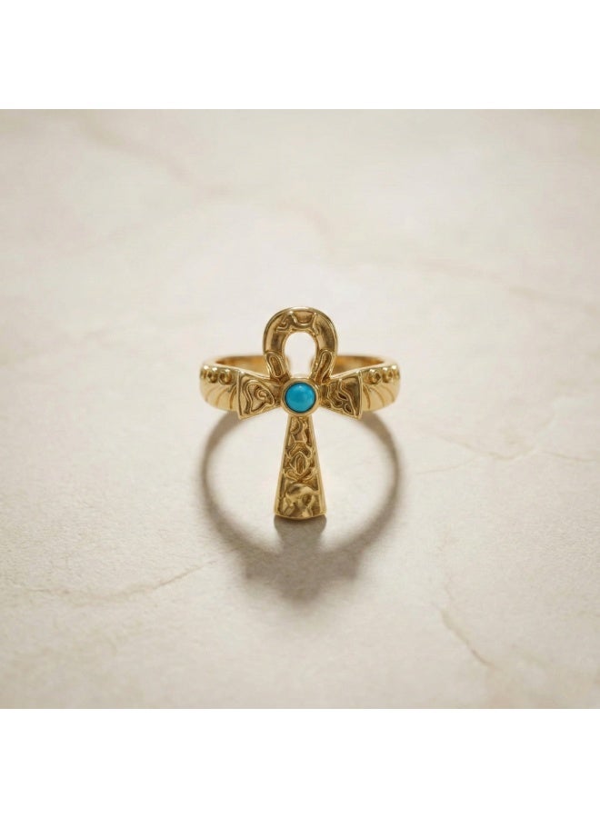 Shein 316 Stainless Steel Ankh Ring – Free Size – Gold Egyptian Life Symbol with Turquoise Stone – Anti‑Rust & Anti‑Fade - Image 2